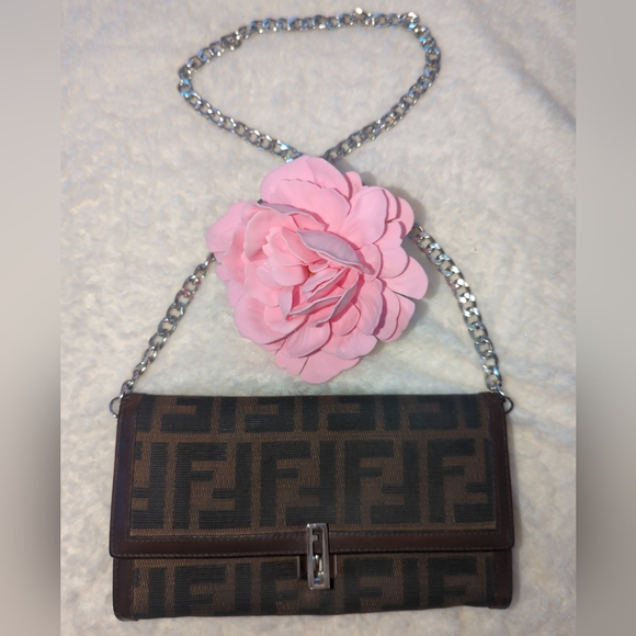 Fendi Handbags - Fendi Authentic Zucca Brown Monogram Wallet Or Shoulder Bag with Silver Chain